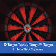 Dartboard with radial segments in red and black with textured perforated surface and white center circle