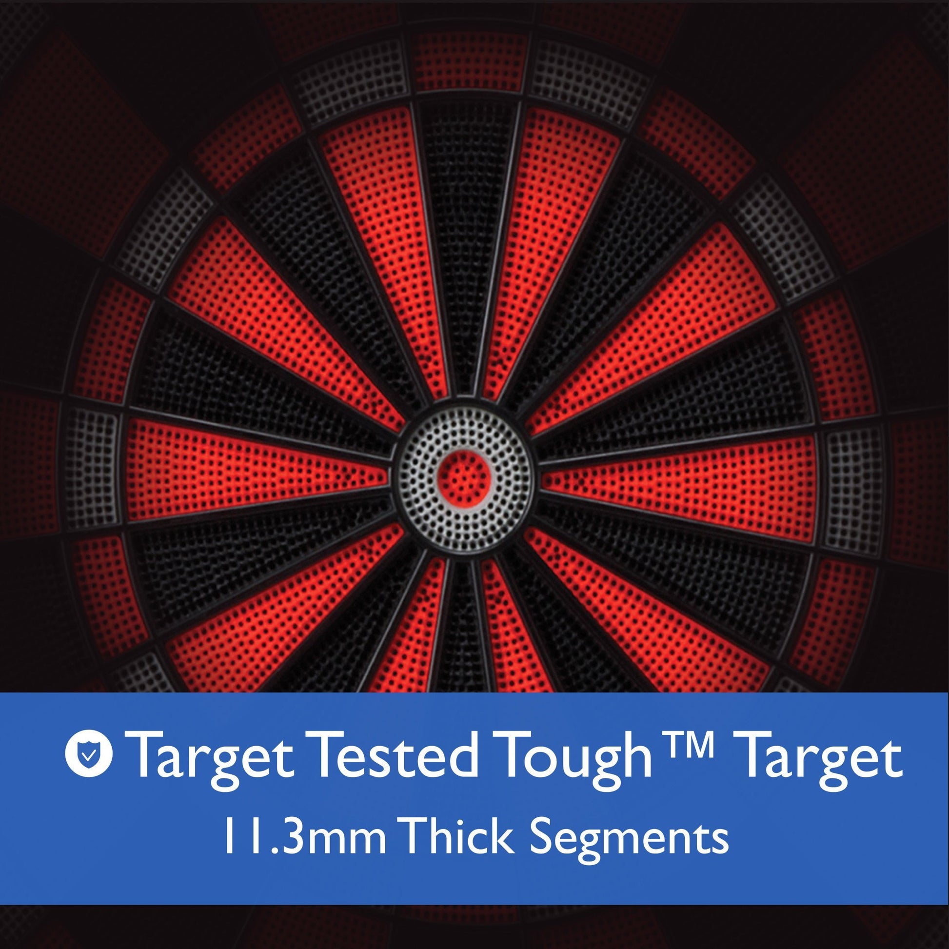 Dartboard with radial segments in red and black with textured perforated surface and white center circle