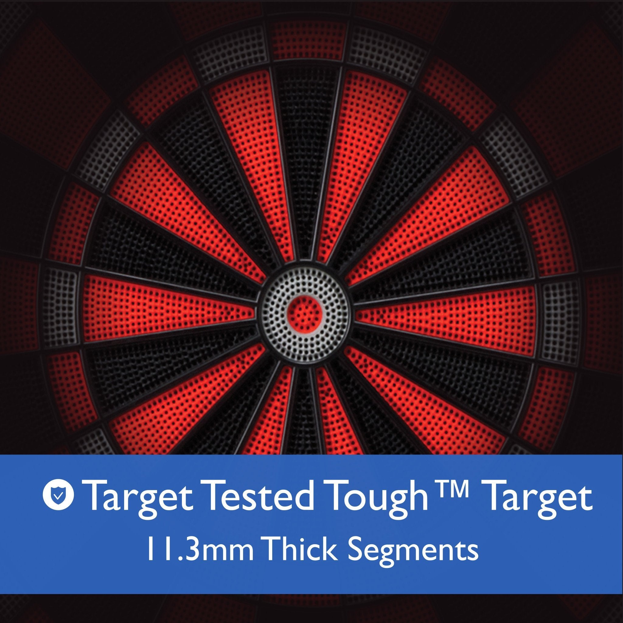 Dartboard with radial segments in red and black with textured perforated surface and white center circle