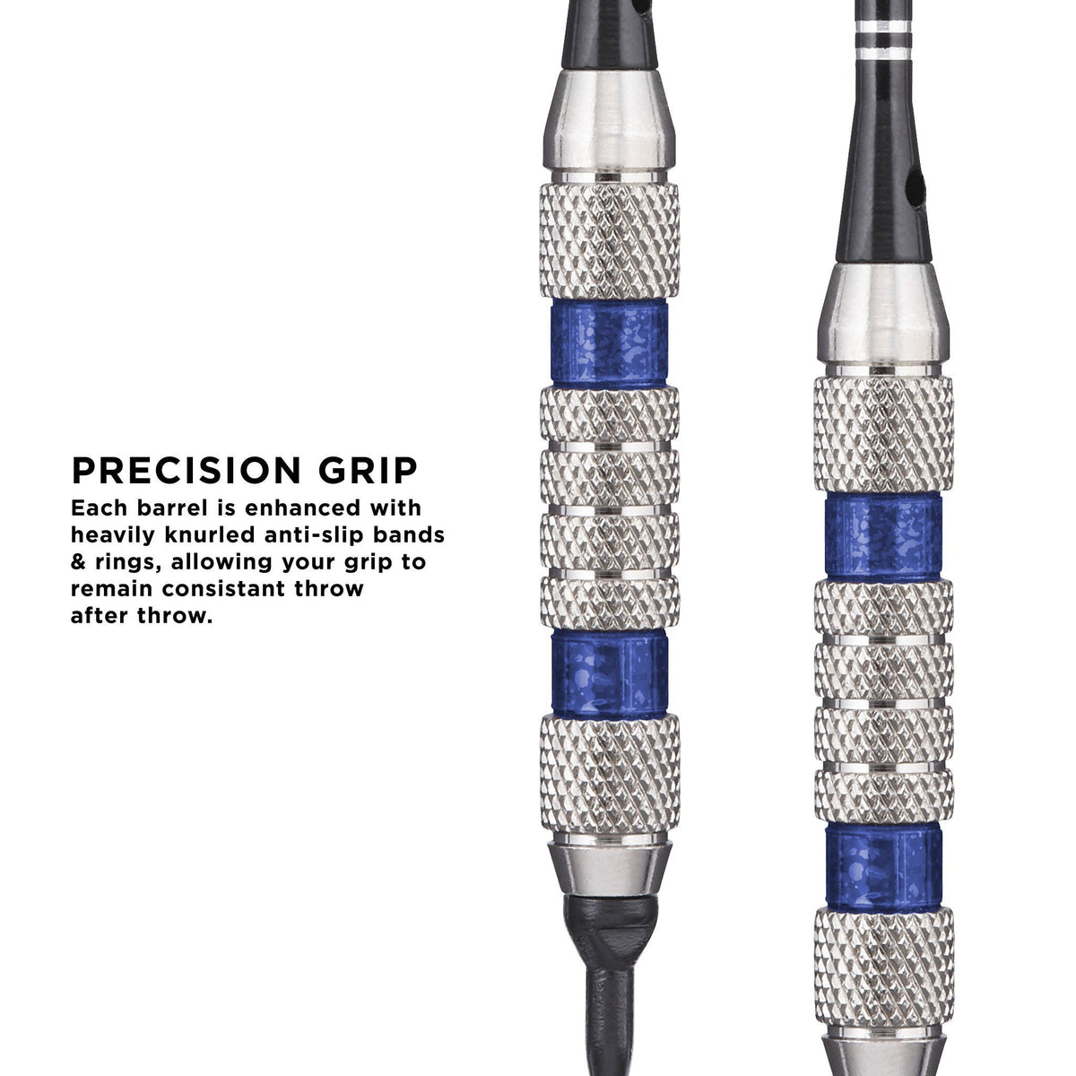 Two dart barrels with textured grip bands and blue accent rings, shown front and side view
