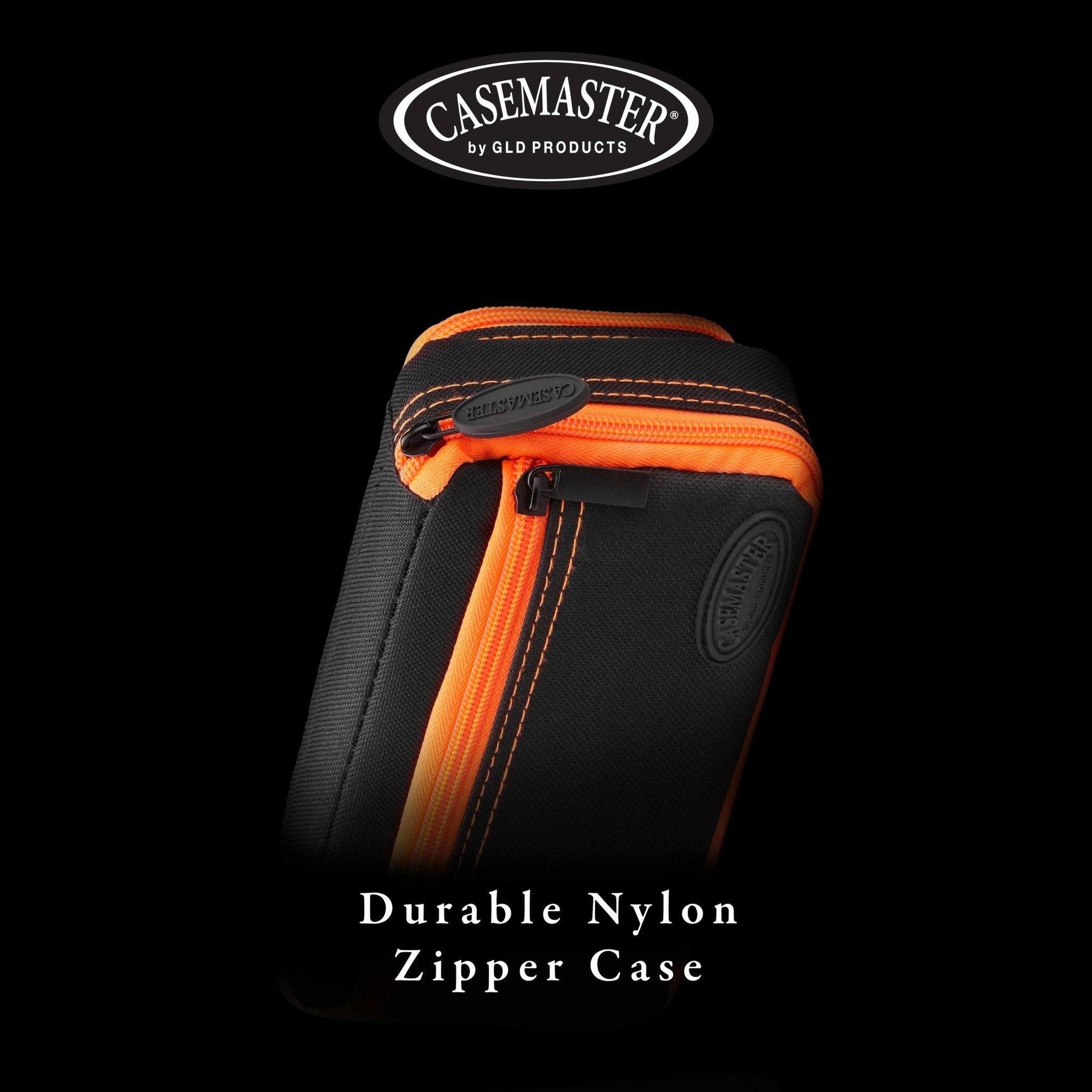Casemaster dart case with black nylon body, orange trim, and top zipper pull against black background