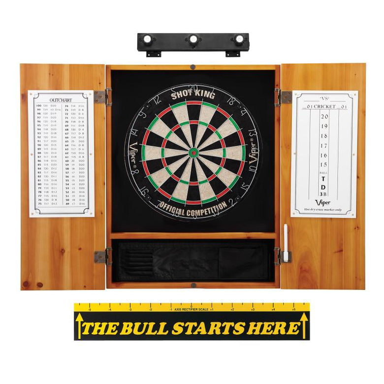 Viper Shot King Sisal Dartboard, Metropolitan Oak Cabinet, Shadow Buster Dartboard Lights & "The Bull Starts Here" Throw Line Marker Darts Viper 