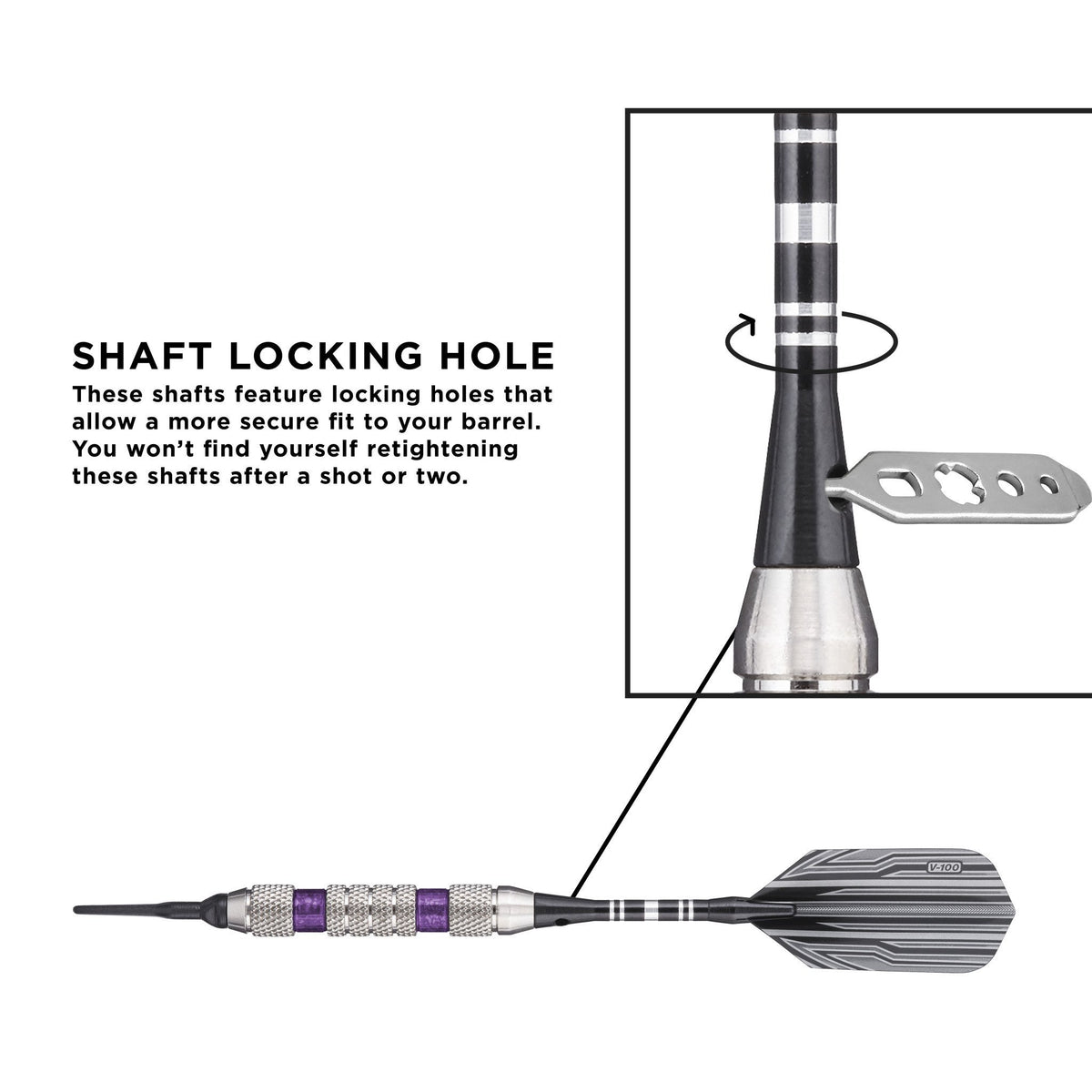 Diagram of dart with striped shaft, purple grip bands, and metal locking collar detail