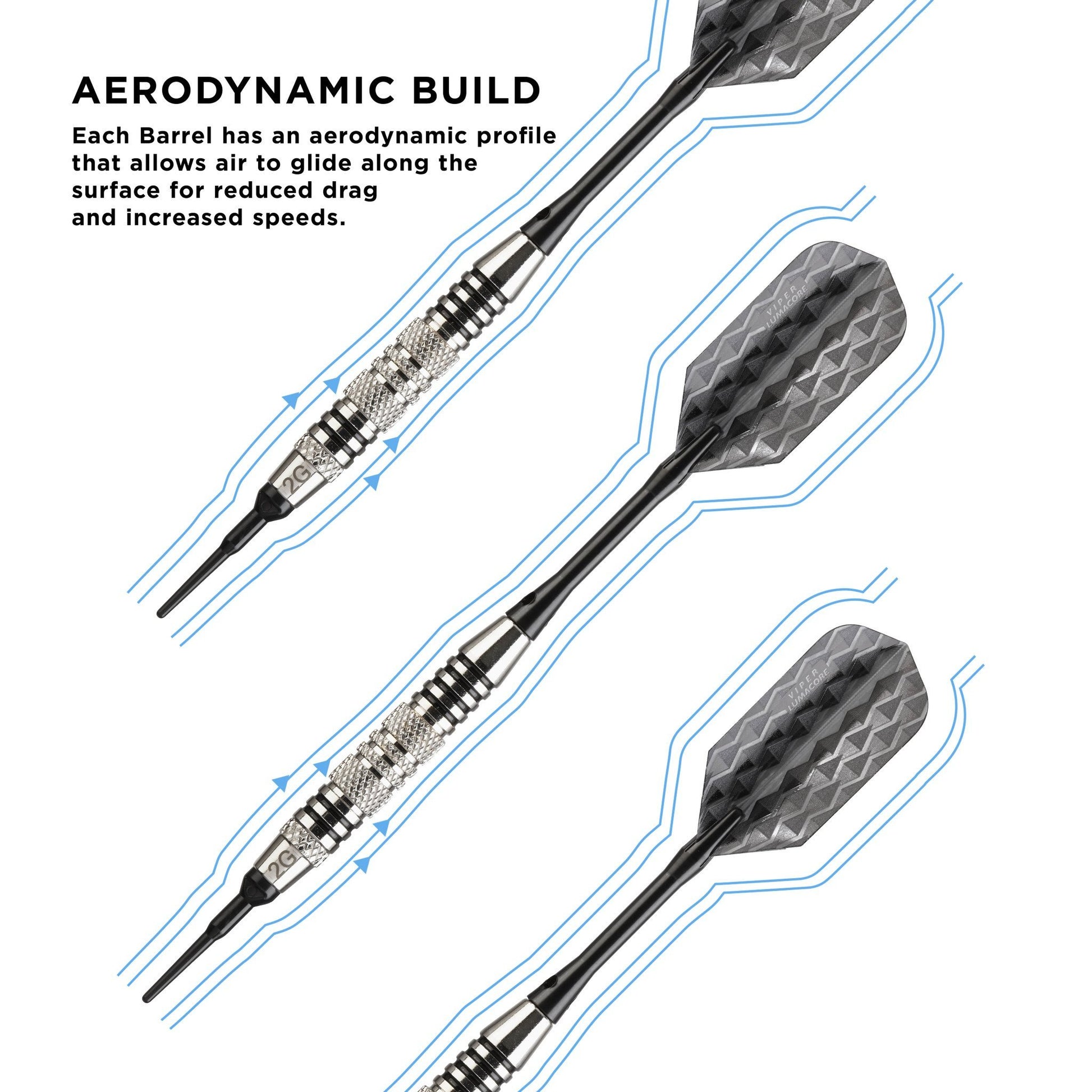 Infographic of three black darts with textured barrels and airflow lines showing aerodynamic profile