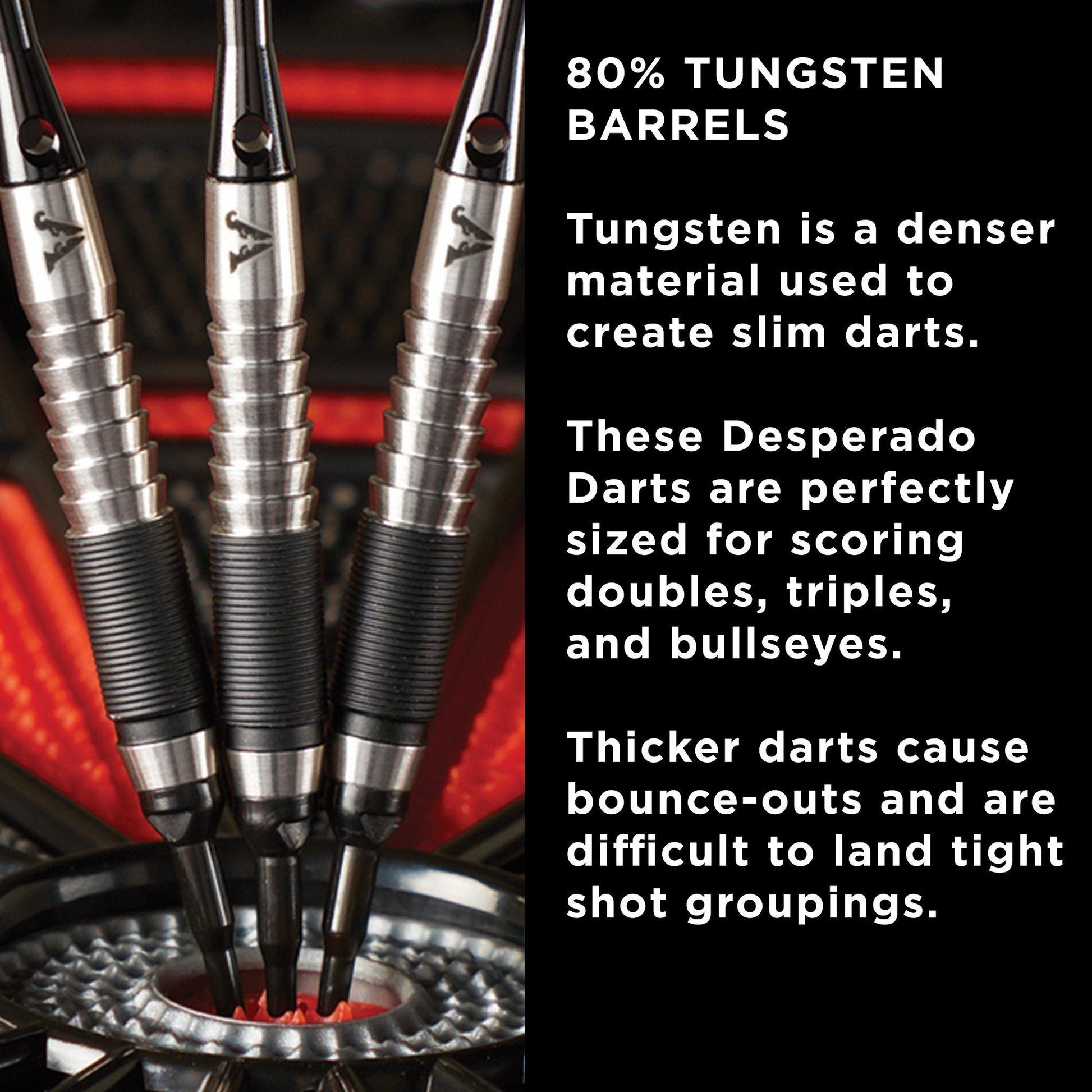 Three silver and black darts with knurled grips in a dartboard