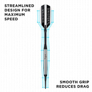Diagram of black dart with blue airflow arrows showing aerodynamic shape