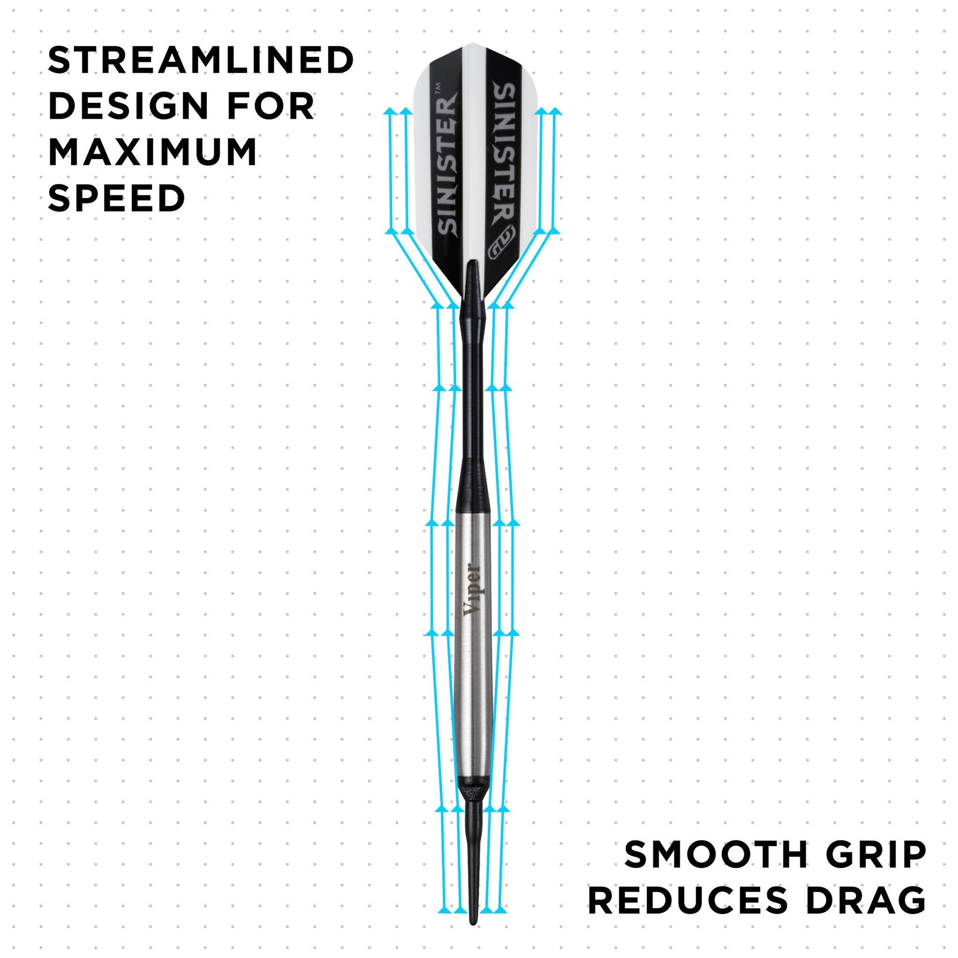 Diagram of black dart with blue airflow arrows showing aerodynamic shape