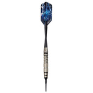Dart with blue lightning-patterned flight and metal barrel with knurled grip