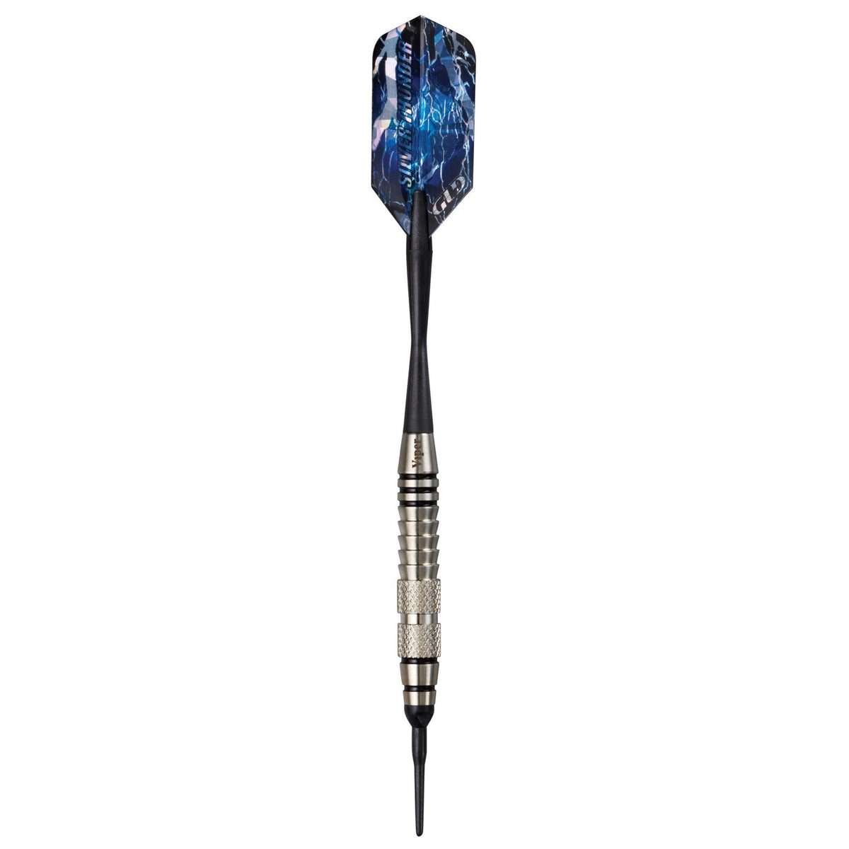 Dart with blue lightning-patterned flight and metal barrel with knurled grip