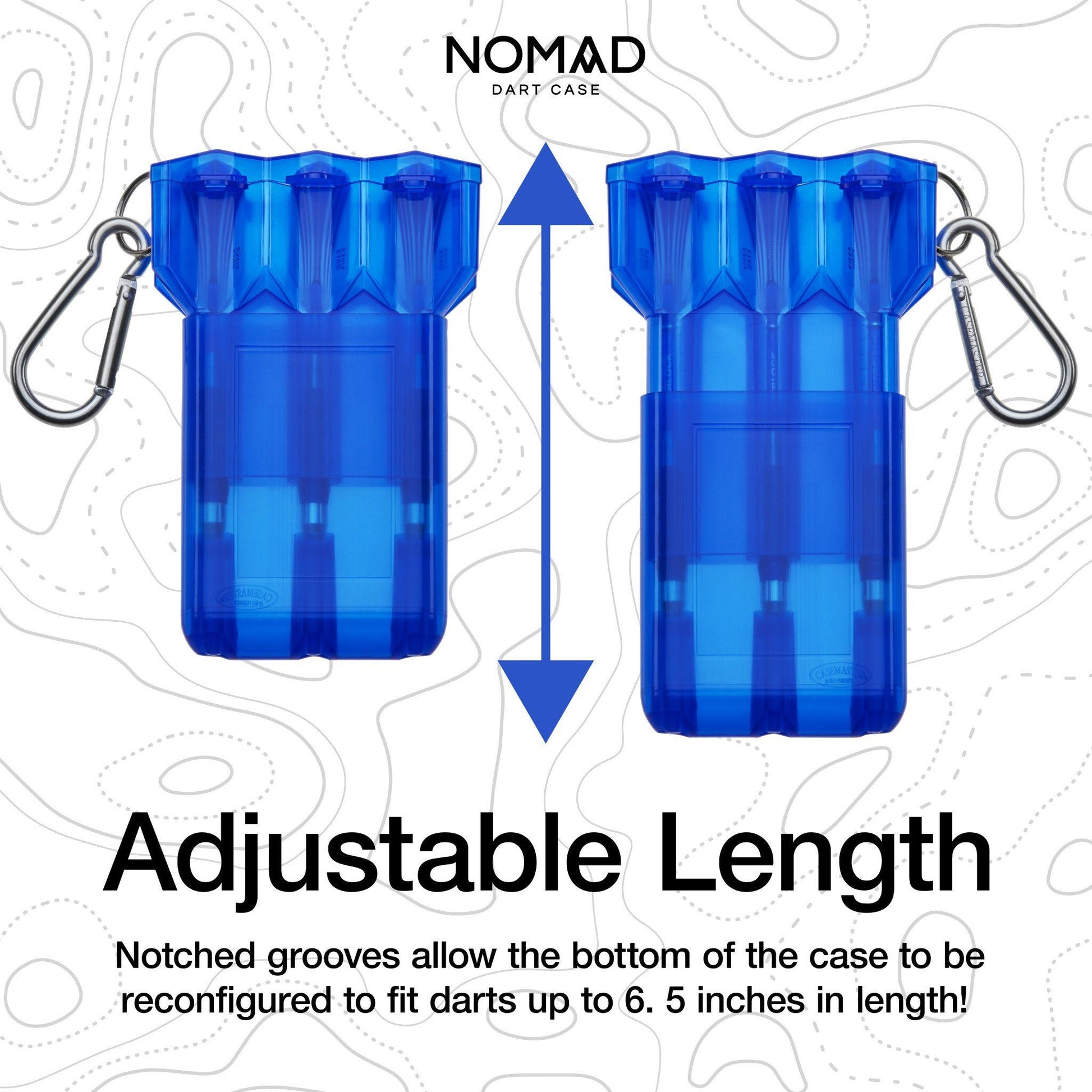 Two blue transparent dart cases with metal carabiners showing adjustable length feature