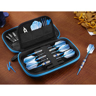 Black dart case with blue zipper containing blue and white striped darts and accessories