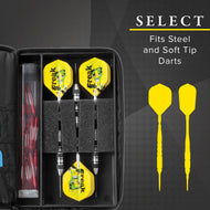 Dart case displaying three darts with yellow flights and metal barrels, plus accessories