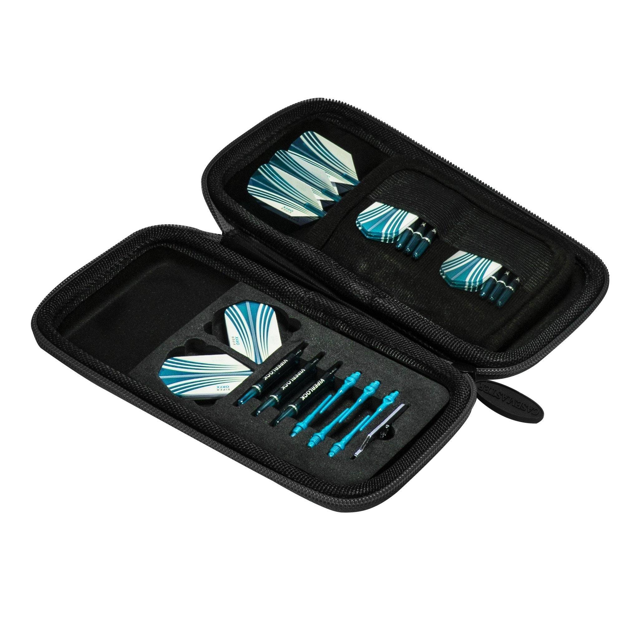 Black nylon dart case opened to display blue and white striped darts, flights, and shafts inside compartments