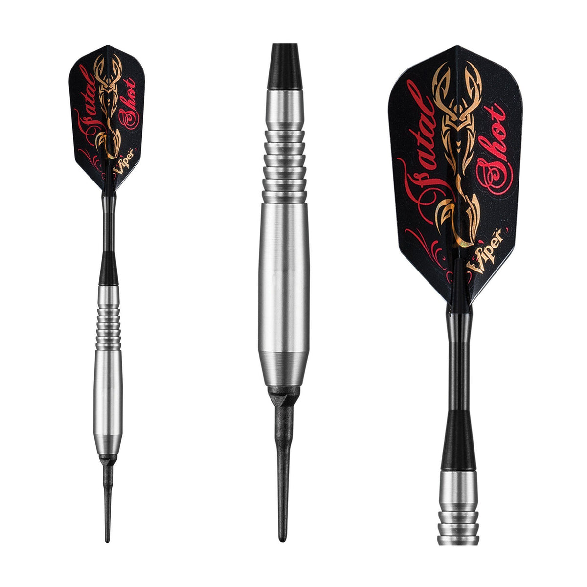 Three darts with silver barrels, black flights with gold and red design