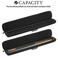 Two black cue cases, one empty and one holding a wooden cue stick with orange accents and chalk