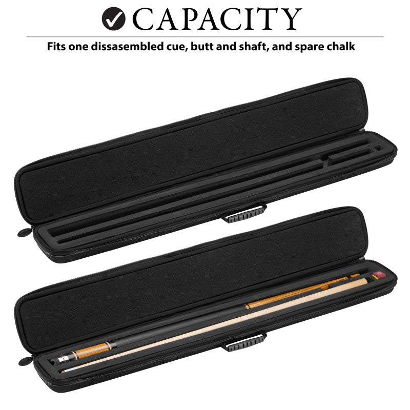 Two black cue cases, one empty and one holding a wooden cue stick with orange accents and chalk