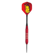 Red dart with yellow "POW" graphic, black shaft, red textured grip