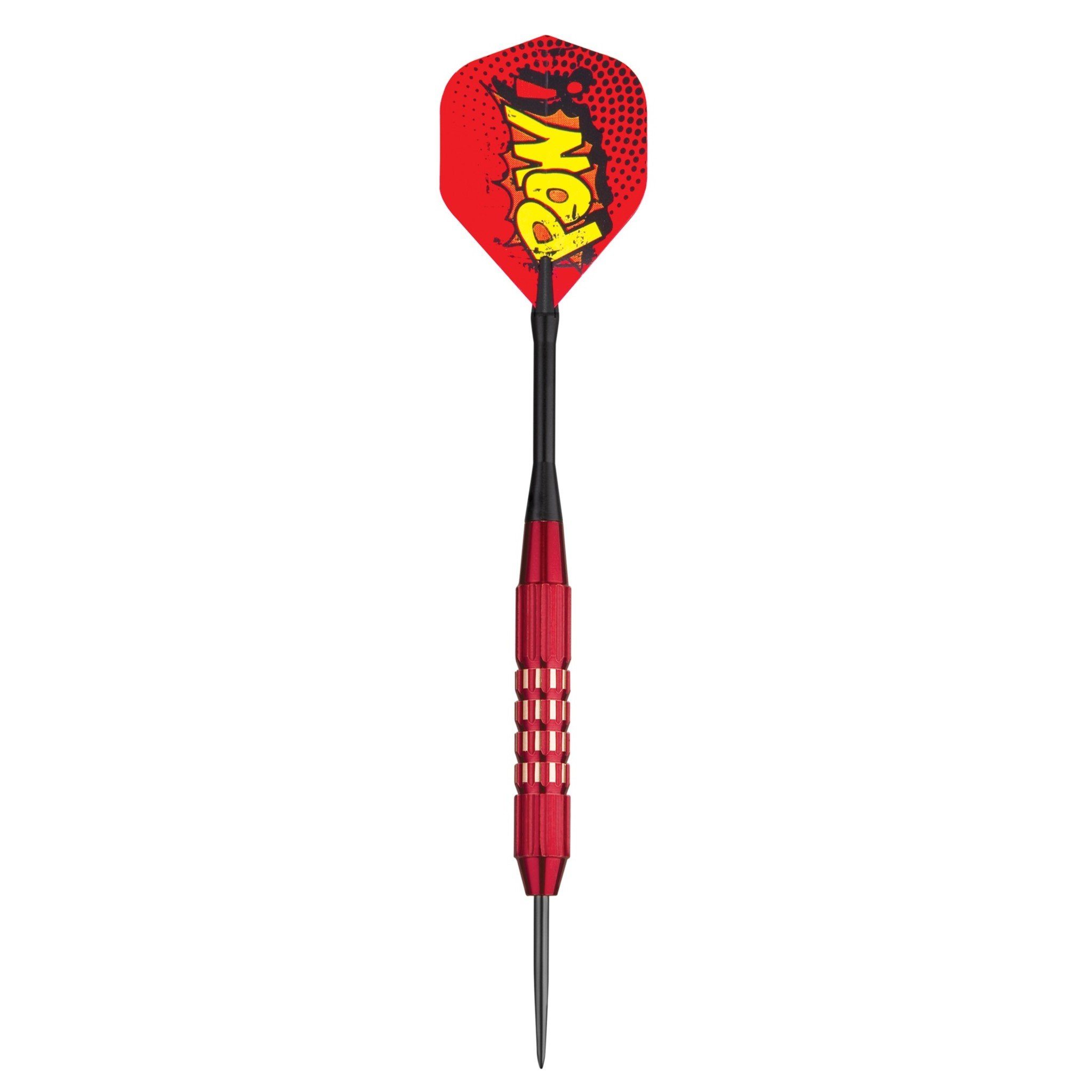 Red dart with yellow "POW" graphic, black shaft, red textured grip