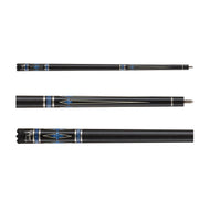 Black cue stick with blue diamond inlays and white stripe bands shown in three views