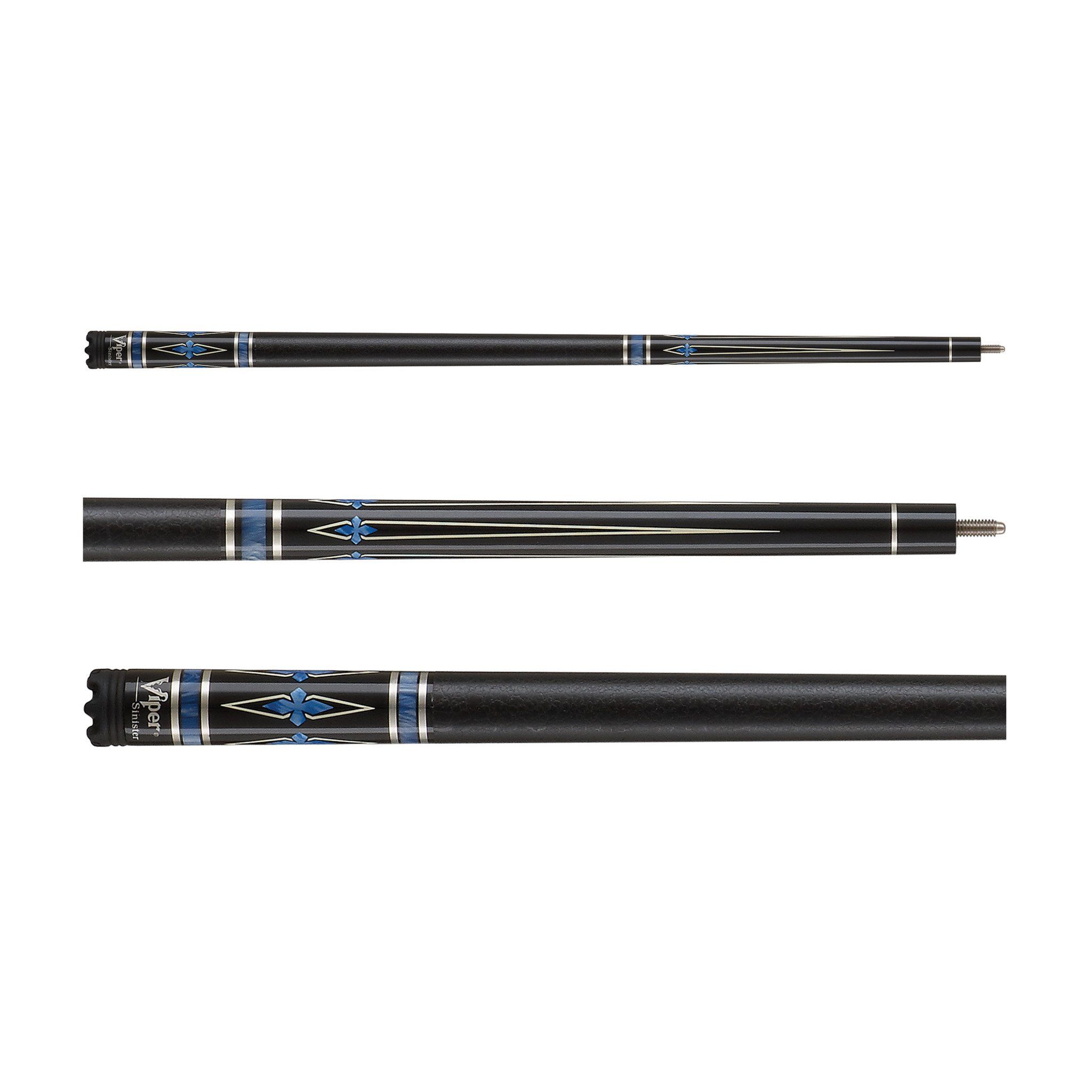 Black cue stick with blue diamond inlays and white stripe bands shown in three views