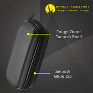Black oval dart case with labeled tough outer shell and zip