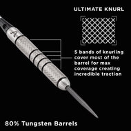 Dart with metal barrel, grip bands, and crosshatch knurl pattern on black background