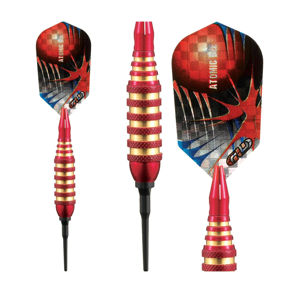 Three darts with red and gold barrels, black flights featuring red star and blue stripe design, and black tips