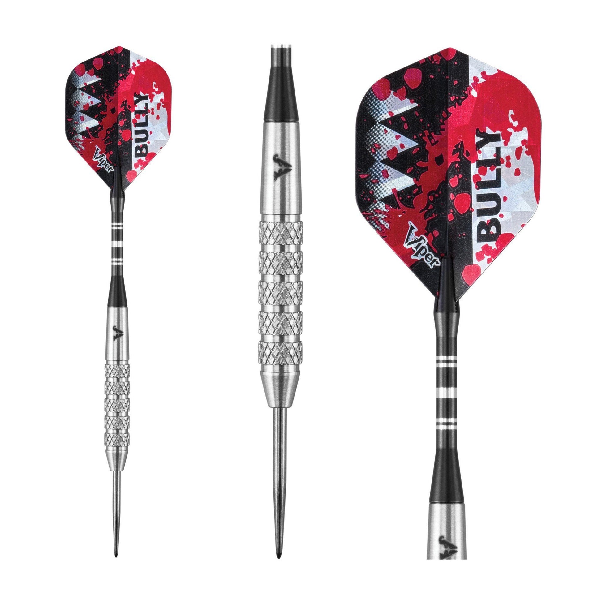 Three darts with red, black, and white patterned flights and metal barrels with knurled grips