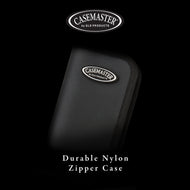 Black nylon zipper case with textured fabric surface and white Casemaster oval badge on front