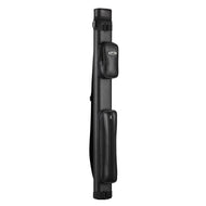 Black cylindrical cue case with two zippered pouches and shoulder strap, standing vertically