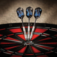Three darts with black flights and silver barrels in dartboard bullseye