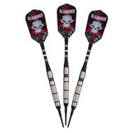 Three darts with black flights featuring a white skull and red accents, silver barrels, textured grips