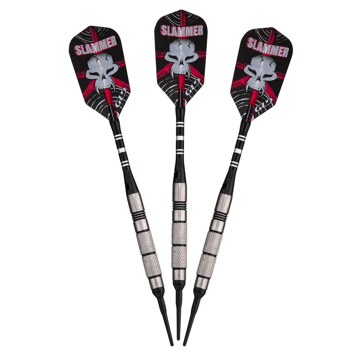 Three darts with black flights featuring a white skull and red accents, silver barrels, textured grips