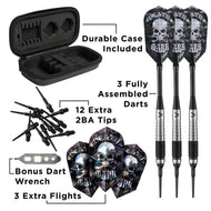 Black case, three darts with skull flights, spare tips, wrench, and extra flights