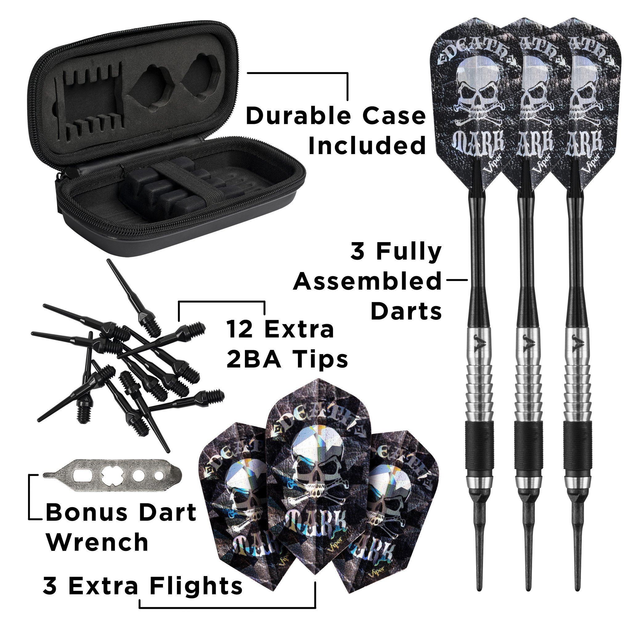 Black case, three darts with skull flights, spare tips, wrench, and extra flights