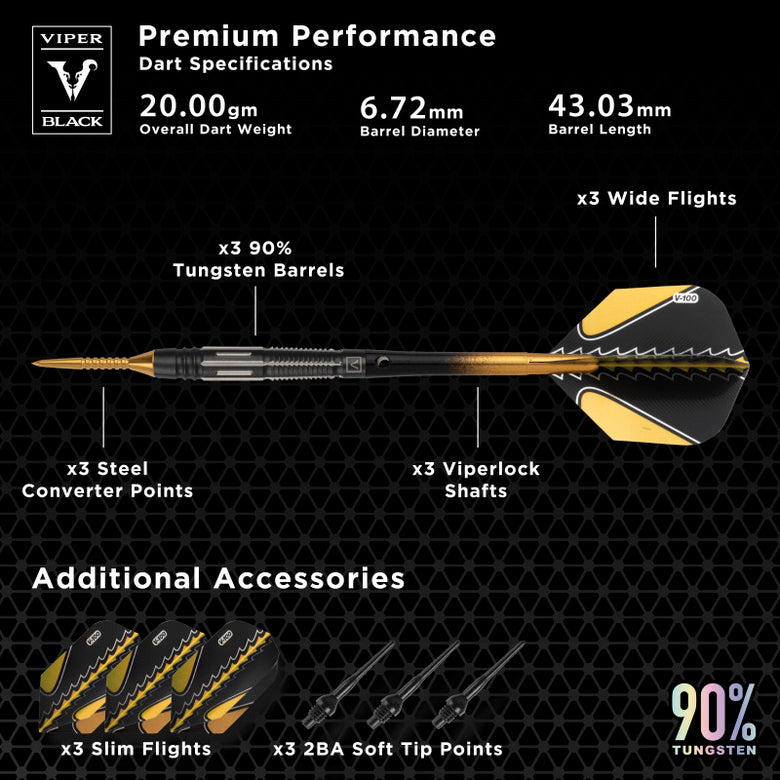 Viper Black Flux 90% Tungsten Steel or Soft Tip Conversion Darts Gold 20 Grams