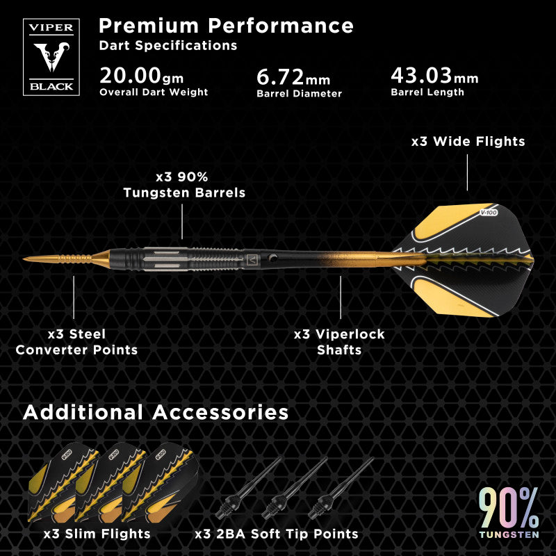 Viper Black Flux 90% Tungsten Steel or Soft Tip Conversion Darts Gold 20 Grams