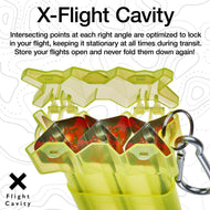 Cutaway diagram of lime-green dart case with red feathered darts inside and metal carabiner clip attached