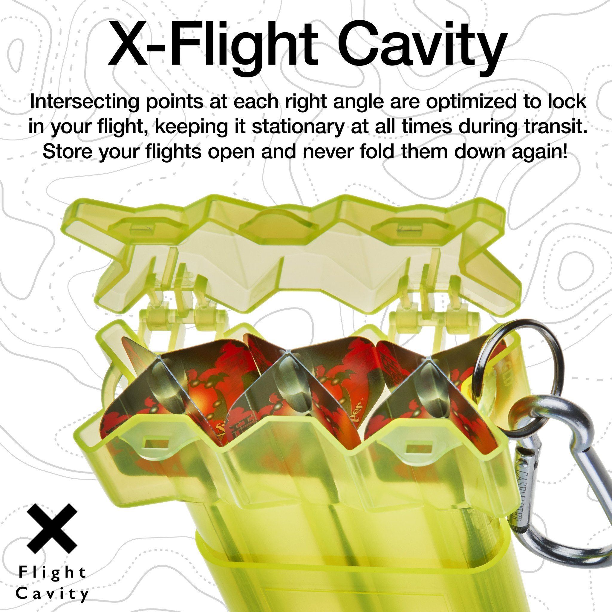 Cutaway diagram of lime-green dart case with red feathered darts inside and metal carabiner clip attached