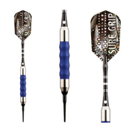 Three darts with blue grips, metal barrels, and brown perforated flights labeled "Sure Grip