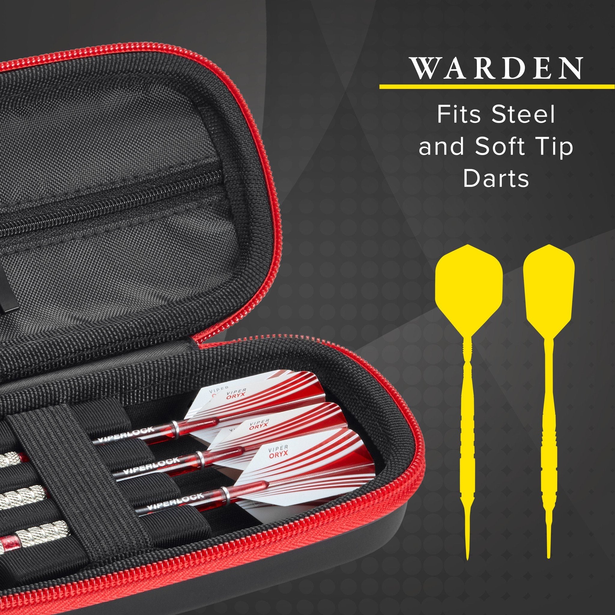 Black dart case with red zipper containing red and white striped darts and two yellow darts