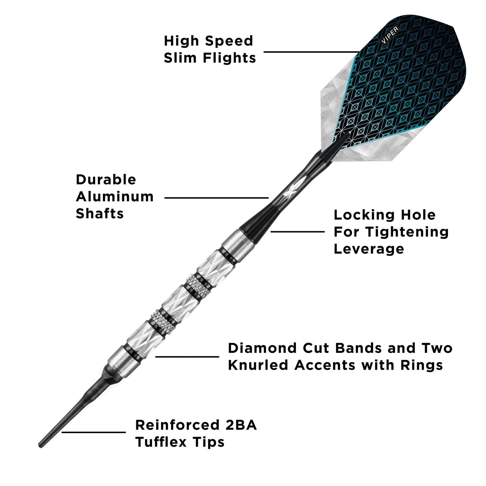 Dart with black shaft, metal bands with diamond cuts, black flight with teal pattern
