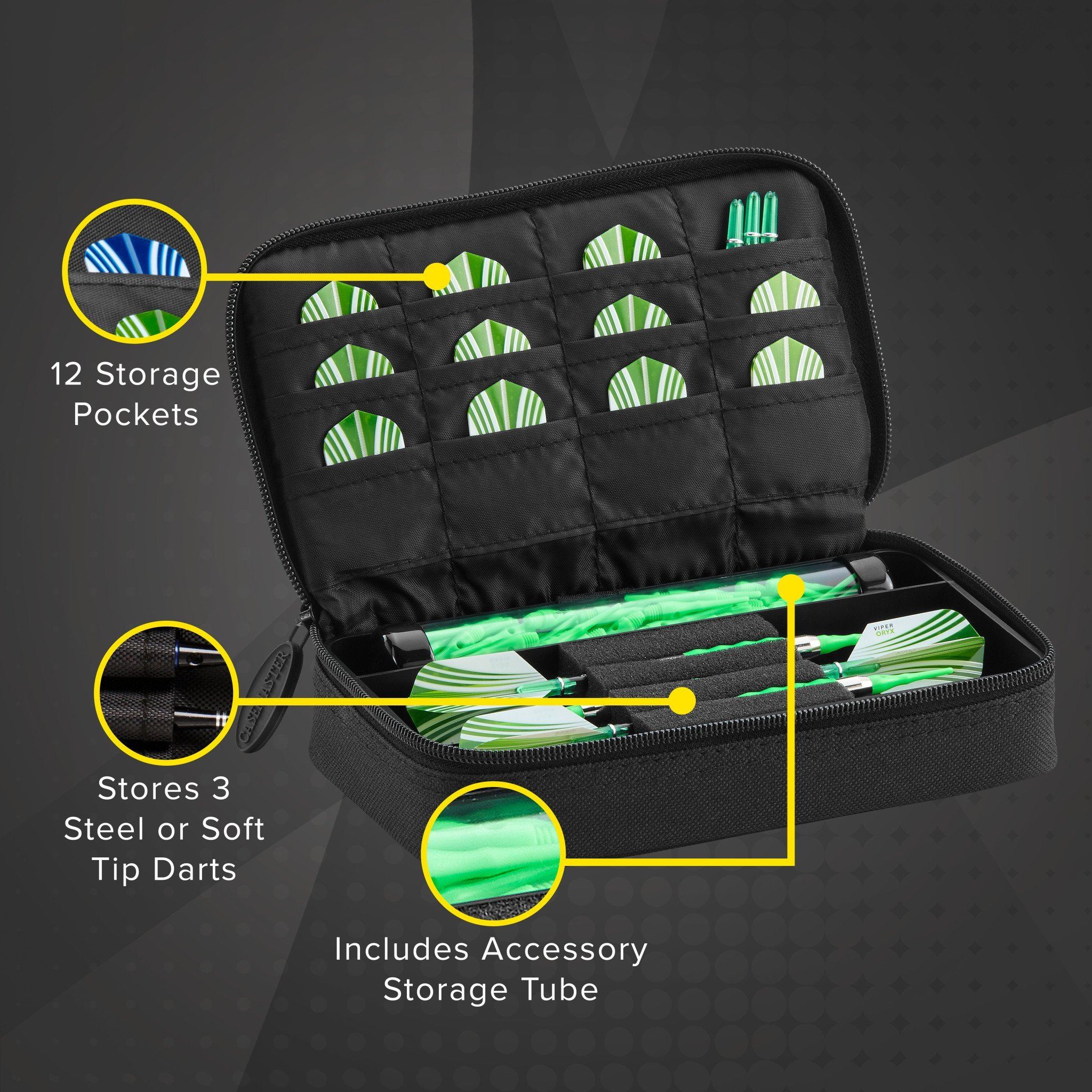 Black dart case with 12 pockets holding green and white striped darts and green storage tube