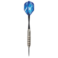 Blue lightning-patterned dart with black shaft and silver-grooved grip, sharp steel tip