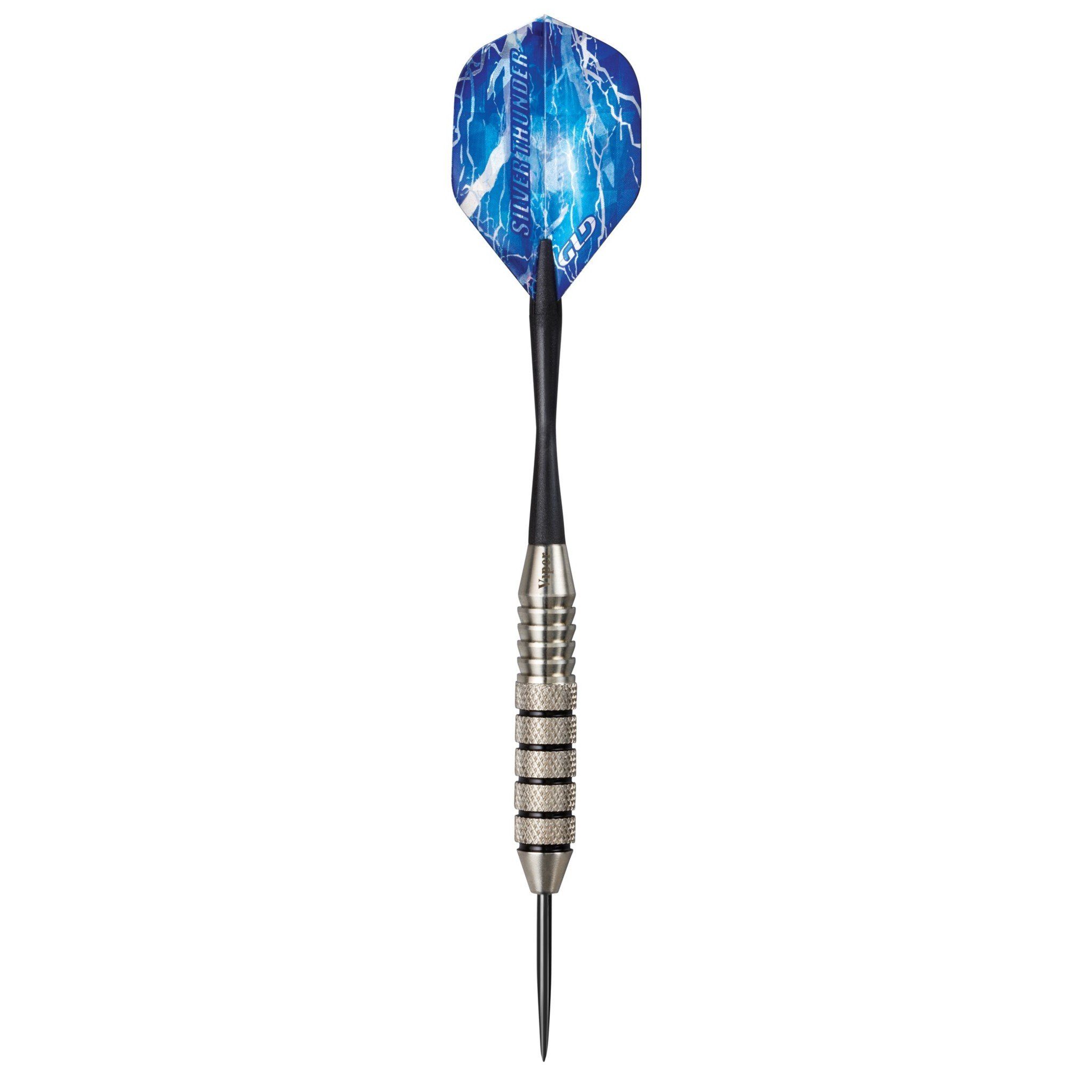 Blue lightning-patterned dart with black shaft and silver-grooved grip, sharp steel tip