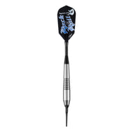 Single dart with black flight decorated in blue rock guitar graphics, silver and black barrel, and black point