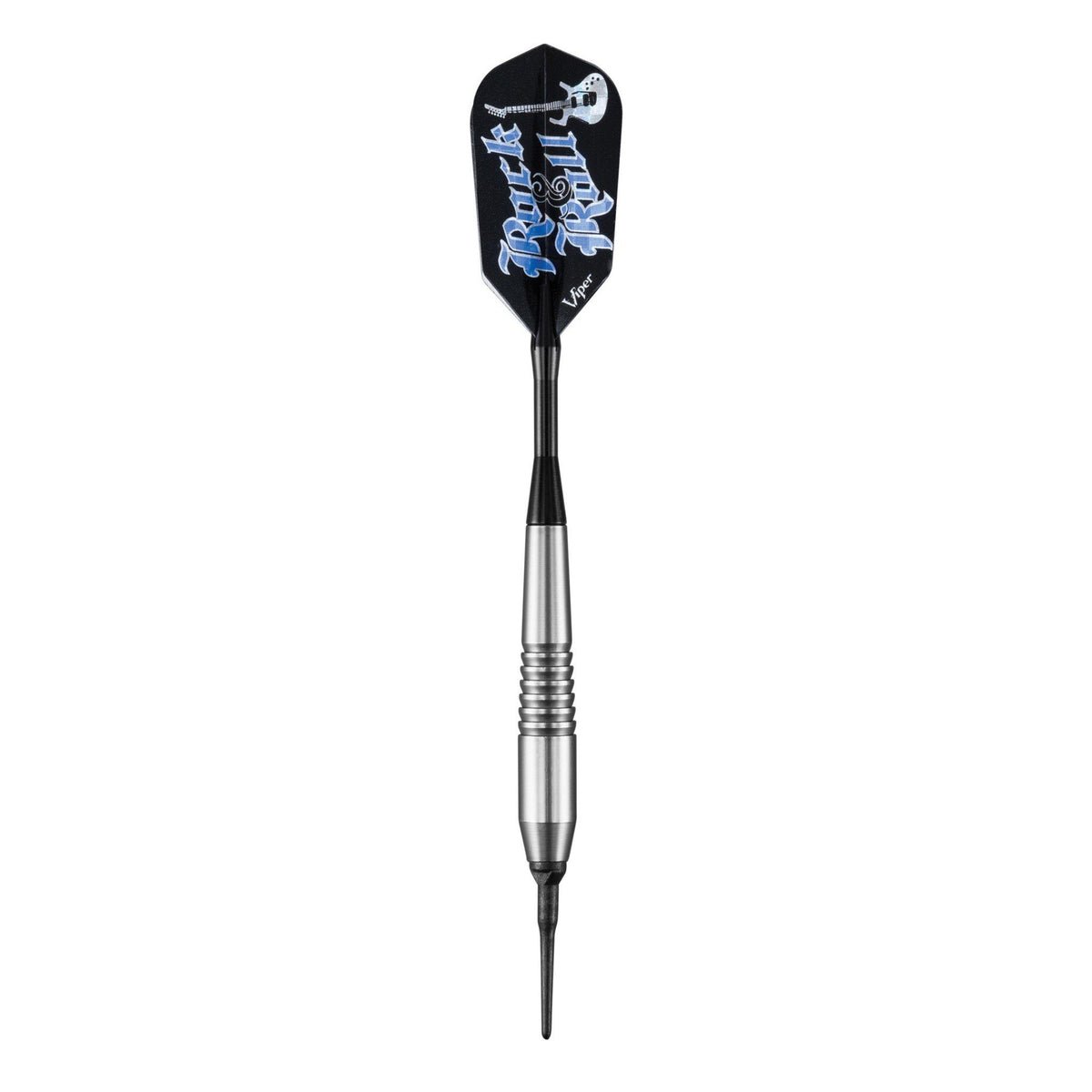 Single dart with black flight decorated in blue rock guitar graphics, silver and black barrel, and black point