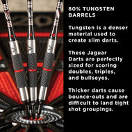 Three silver darts with black knurled grips and red bands in a dartboard, displaying 80% tungsten barrels