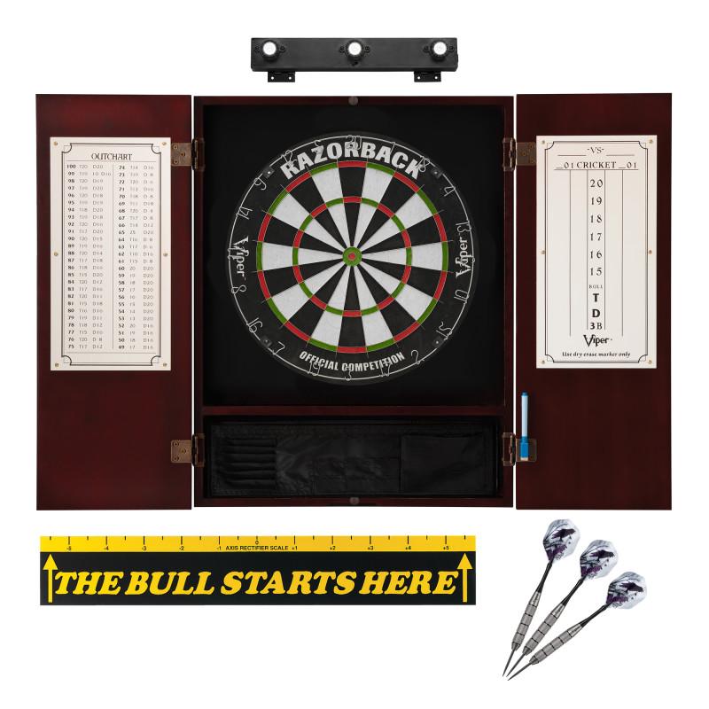 Viper Razorback Sisal Dartboard, Metropolitan Mahogany Cabinet, Shadow Buster Dartboard Lights & "The Bull Starts Here" Throw Line Marker Darts Viper 