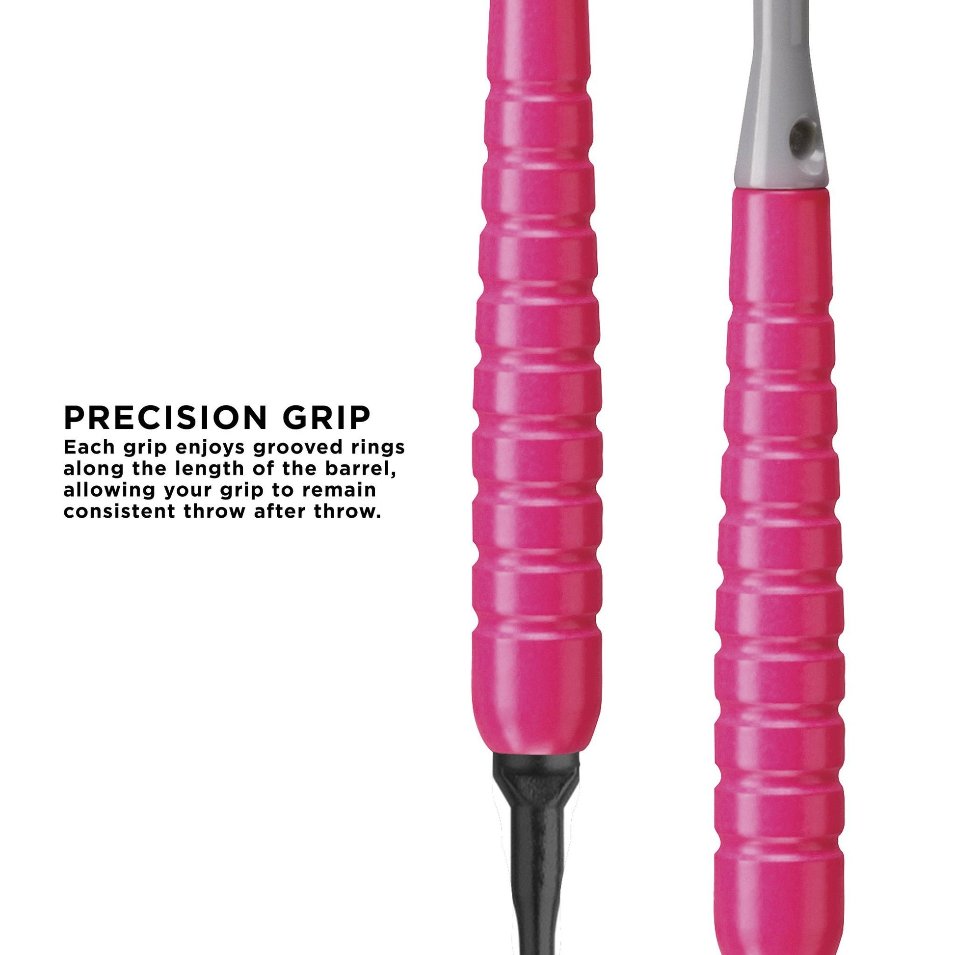 Two dart shafts with pink grooved barrels and black tips, one with gray top section